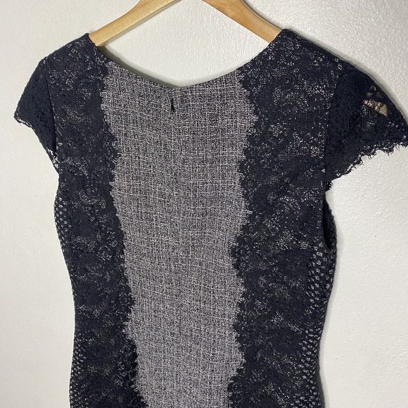 Betsey‎ Johnson Gray Sheath Dress Cap Short Sleeve Black Lace Overlay women’s 8 - Picture 7 of 13